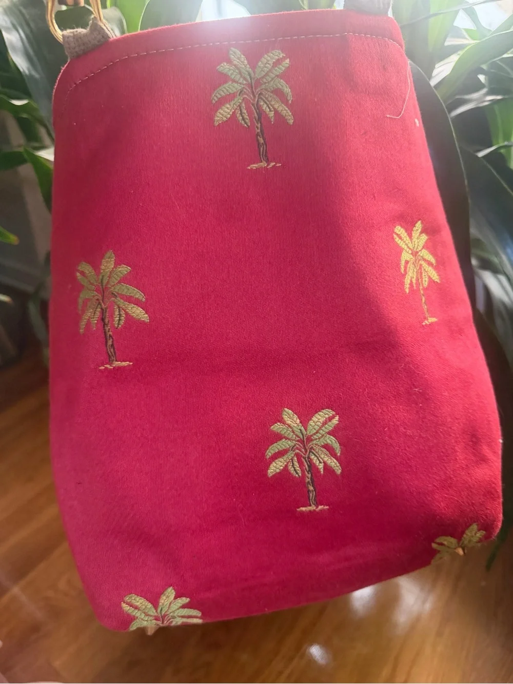 Red Palm-Embroidered Bamboo Handle Tote